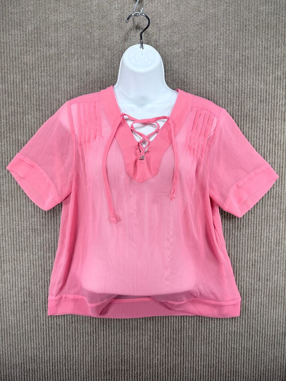 Banana Republic Pink Sheer Lace Up Pintuck Blouse Small